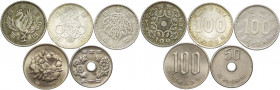 Giappone - Hiroito (1926-1989) - lotto di 5 monete di cui 4 da 100 yen e 1 da 50 yen, anni e metalli vari 
mediamente mSPL

Spedizione solo in Ital...