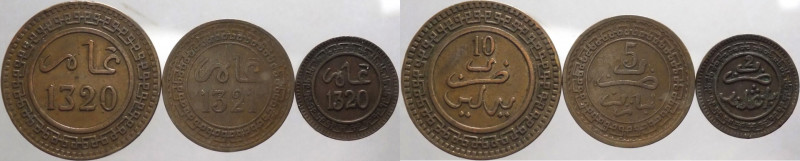 Marocco - Abdelaziz (1894-1908) - lotto di 3 monete da 1,2 e 5 mazunas 1320-1321...