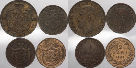 Romania - Carol I, come Domnitor (Signore) di Romania (1866-1881) e re (1881-1914) - lotto di 4 monete da 2 e 5 bani ani vari - Cu
mediamente mBB 
...
