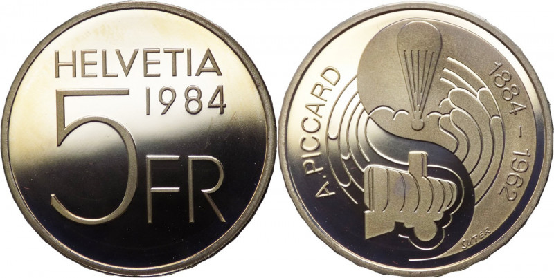 Svizzera - 5 franchi 1984 "Auguste Piccard" - KM# 1223u - Ag - in confezione ori...