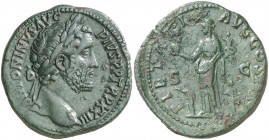 (159-160 d.C.). Antonino pío. Sestercio. (Spink 4205) (Co. 621) (RIC. 1031). Raspadura en reverso. Pátina verde. 23,06 g. (MBC+).