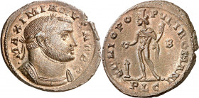 (301-303 d.C.). Galerio Maximiano. Lugdunum. Follis. (Spink 14353 var) (Co. 92) (RIC. 164b). 8,74 g. MBC+.