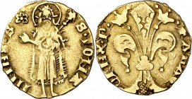 Pere III (1336-1387). Perpinyà. Mig florí. (Cru.V.S. 385) (Cru.C.G. 2213). Marca: rosa de anillos. 1,72 g. MBC-.