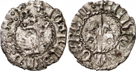 Joan II (1458-1479). Girona. Diner rocabertí. (Cru.V.S. 951.1 reverso y 951.3 anverso) (Cru.C.G. 2990a). Buen ejemplar. Rara. 0,75 g. MBC+.