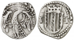 Joan II (1458-1479). Sicília. Mig pirral. (Cru.V.S. 976) (Cru.C.G. 3014 ó 3015) (MIR. 231/1). Recortada. Muy rara. 0,43 g. (MBC).