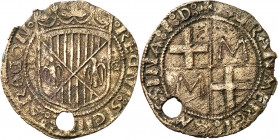 Joan II (1458-1479). Sicília (Messina). Jetón. (Cru.L.M. pág. 33-34 nº 1, mismo ejemplar). Perforación. 2,88 g. (MBC-).