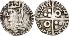 (1545). Carlos I. Barcelona. 1 croat. (AC. 62) (Cru.C.G. 4114). A nombre de Ferran II. Roel en 2º y 3er cuartel. Recortada. Rara. 1,70 g. MBC-.
