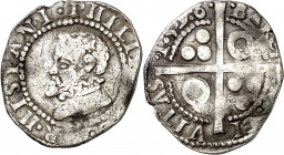 1596. Felipe II. Barcelona. 1/2 croat. (AC. 113) (Cru.C.G. 4247i). Roel en 2º y 3er cuartel. Escasa. 1,52 g. BC+.
