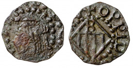 0 (sic). Felipe III. Banyoles. 1 diner. (AC. falta) (Cru.C.G. 3657c) (Cru.L. falta). Muy rara. 0,56 g. BC-/BC+.