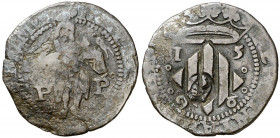 1598. Felipe III. Perpinyà. Doble sou. (AC. 51) (Cru.C.G. 3806a). Contramarca cabeza de Sant Joan, realizada en 1603. Ex Colección Crusafont 27/10/201...