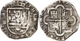 1599. Felipe III. Segovia. Castillejo. 4 reales. (AC. 782). Tipo "OMNIVM". Incisión en reverso. Muy rara. 13,58 g. MBC-.