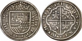 1618. Felipe III. Segovia. A. 8 reales. (AC. 949). Cinco flores de lis en las armas de Borgoña. Rara. 28,23 g. MBC.