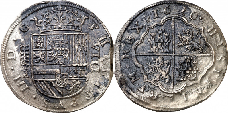 1620. Felipe III. Segovia. A. 8 reales. (AC. 950). Final de riel. Fuertes oxidac...