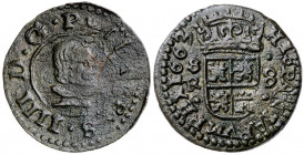 1663. Felipe IV. Sevilla. R. 8 maravedís. (AC. 406). Acuñación floja del anverso. 2,26 g. MBC-/MBC+.