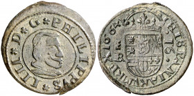 1664. Felipe IV. Segovia. BR. 16 maravedís. (AC. 491). Tres puntos sobre la ceca. Los 6 de la fecha inclinados. Buen ejemplar. 4,17 g. EBC-.