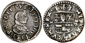 1661. Felipe IV. Trujillo. M. 16 maravedís. (AC. 502). La leyenda del anverso comienza a las 7h del reloj. Orla interior en anverso. Muy rara. 3,64 g....