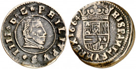 1664. Felipe IV. 16 maravedís. (Barrera falta) (J.S. pág. 505, mismo ejemplar). Falsa de época. Sin marca de ceca, valor y ensayador. Muy rara. 3,54 g...