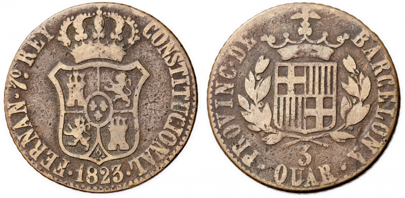 1823. Fernando VII. Catalunya. 3 cuartos. (AC. 15). 7,48 g. MBC-.