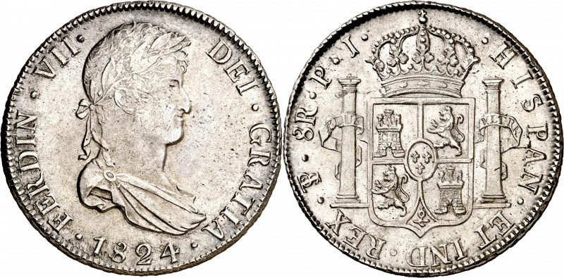 1824. Fernando VII. Potosí. PJ. 8 reales. (AC. 1391). Limpiada. Bella. 26,70 g. ...