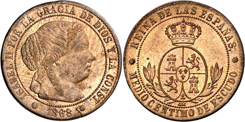 1868. Isabel II. Barcelona. OM. 1/2 céntimo de escudo. (AC. 201). Brillo origina...