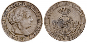 1868. Isabel II. Barcelona. OM. 1 céntimo de escudo. (AC. 216). 2,38 g. MBC.