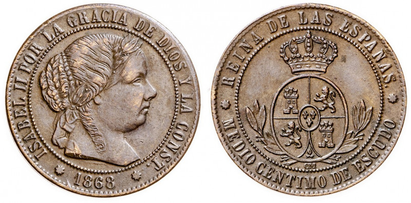 1868. Isabel II. Barcelona. OM. 1/2 céntimo de escudo. (AC. 210). 1,30 g. MBC+/E...