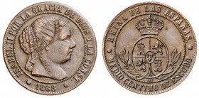 1868. Isabel II. Barcelona. OM. 1/2 céntimo de escudo. (AC. 210). 1,30 g. MBC+/EBC-.
