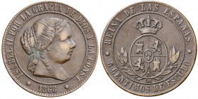 1868. Isabel II. Barcelona. 5 céntimos de escudo. (AC. 246). 12 g. MBC.