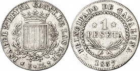1837. Isabel II. Barcelona. 1 peseta. (AC. 271). Canto estriado. Impurezas. 5,76 g. MBC+.