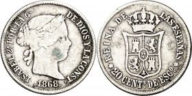 1868*-8. Isabel II. Madrid. 20 céntimos de escudo. (AC. 407). 2,55 g. BC+.