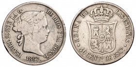 1867. Isabel II. Madrid. 40 céntimos de escudo. (AC. 502). Rayitas. 5,01 g. BC+.