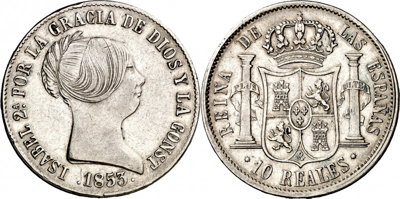 1853. Isabel II. Barcelona. 10 reales. (AC. 508). Golpecito en canto. Escasa. 12...