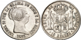 1853. Isabel II. Barcelona. 10 reales. (AC. 508). Golpecito en canto. Escasa. 12,95 g. MBC-/MBC.