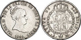 1842. Isabel II. Sevilla. RD. 10 reales. (AC. 543). Limpiada. Golpes en canto. Escasa. 13,26 g. BC+/MBC-.