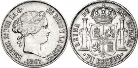 1867. Isabel II. Madrid. 1 escudo. (AC. 565). Limpiada. 12,92 g. (MBC).