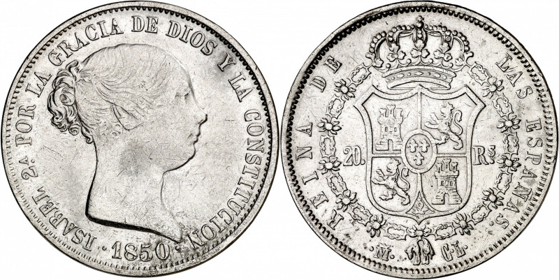 1850. Isabel II. Madrid. CL. 20 reales. (AC. 591). Limpiada. Escasa. 25,81 g. BC...