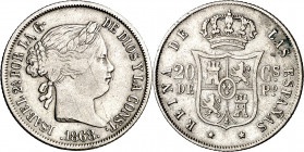 1868. Isabel II. Manila. 20 centavos. (AC. 661). Rayitas. 5,08 g. BC+.