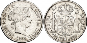 1868. Isabel II. Manila. 50 centavos. (AC. 667). Limpiada. 12,82 g. BC+.