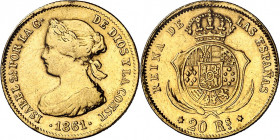 1861. Isabel II. Madrid. 20 reales. (AC. 672). Sirvió como joya. 1,62 g. (MBC-).