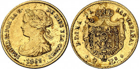 1865. Isabel II. Madrid. 2 escudos. (AC. 675). Rayitas. 1,68 g. MBC.