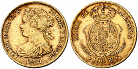 1860. Isabel II. Barcelona. 100 reales. (AC. 772). Golpecitos. 8,35 g. MBC+.