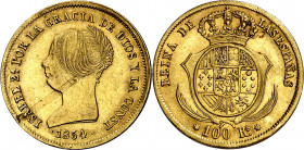 1854. Isabel II. Sevilla. 100 reales. (AC. 795). Defecto en anverso. 8,38 g. MBC+/EBC-.