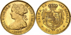 1868*1868. Isabel II. Madrid. 10 escudos. (AC. 815). Leves golpecitos. 8,34 g. (EBC+).
