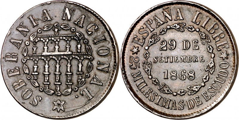 1868. Gobierno Provisional. Segovia. 25 milésimas de escudo. (AC. 10). Golpecito...