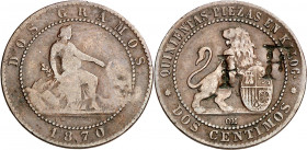 1870. Gobierno Provisional. Barcelona. OM. 2 céntimos. Contramarca particular: FF. Rara. 1,85 g. BC+.