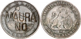 1870. Gobierno Provisional. Barcelona. OM. 2 céntimos. Contramarca política MAURA NO. 1,93 g. MBC-.