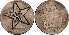 (1870). Gobierno Provisional. Barcelona. OM. 5 céntimos. Contramarca: dentro de estrella de cinco puntas JS/M en anverso. Manipulación en reverso. 4,4...
