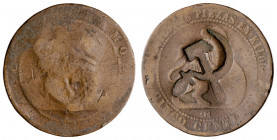 (1870). Gobierno Provisional. Barcelona. OM. 5 céntimos. Contramarca política: Hoz y martillo. 4,50 g. BC.