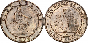 1870. Gobierno Provisional. Barcelona. OM. 10 céntimos. (AC. 8). Barnizada. 9,94 g. (MBC).