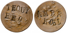 1870. Gobierno Provisional. Barcelona. (OM). 10 céntimos. Contramarcas. AMPA/RO E (sic) (reverso) y TE QUY/ERO (anverso). 8,99 g. BC+.